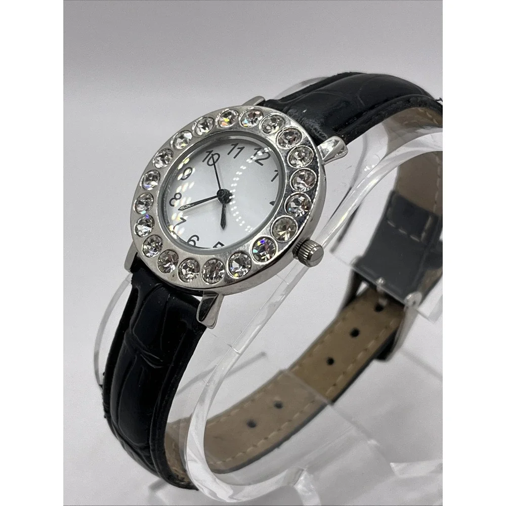 Avon Women's Quartz Watch Rhinestone‎ Bezel Black Band 30mm- New Battery